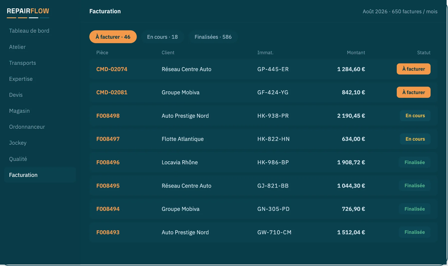 Facturation dans RepairFlow — pièces à facturer, en cours et finalisées
